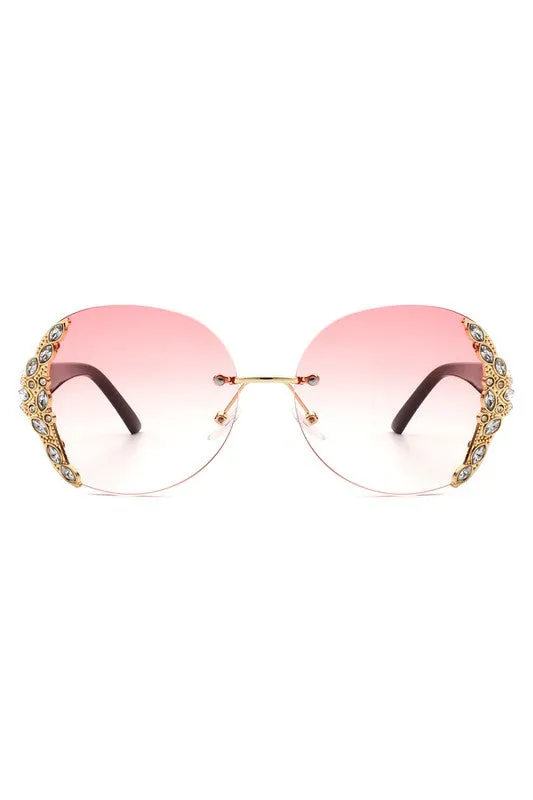 Women Rimless Round Rhinestone Oversize Sunglasses